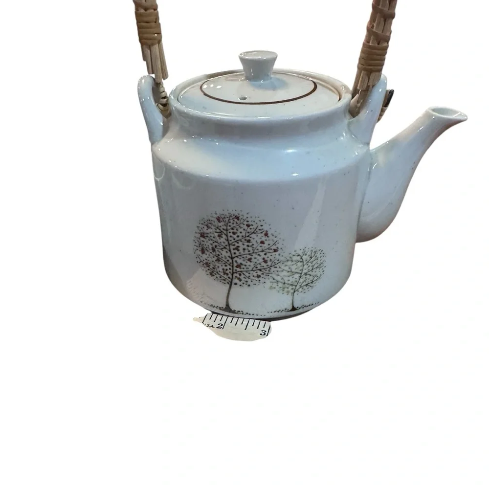 Vintage Style Ceramic Teapot Set with 6 Cups Tree‎ Pattern Woven Handle rustic
